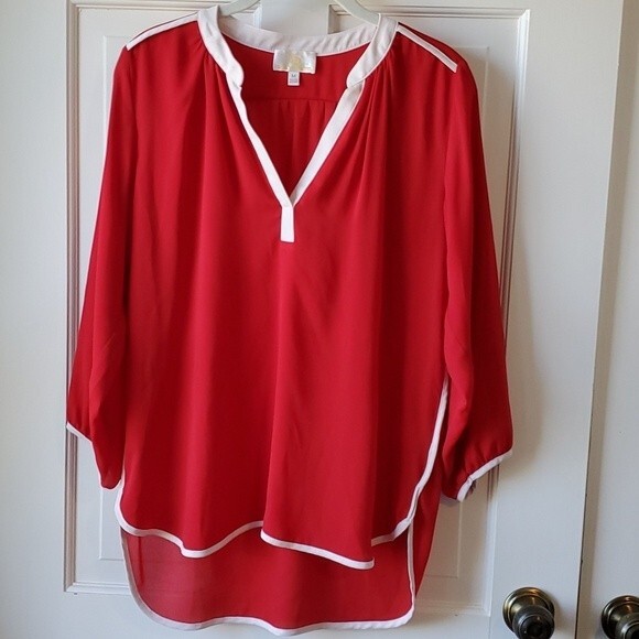 COLLECTIVE CONCEPTS FLOWY RED SHIRT CREAM CONTRAST PIPING MEDIUM - Picture 1 of 6